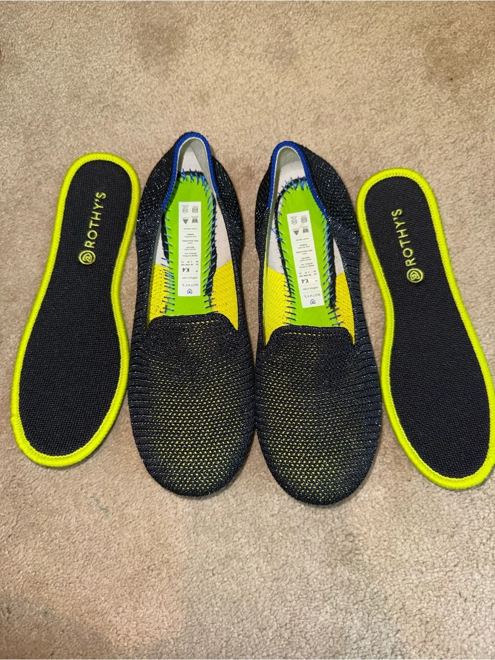 Rothy's Kids Blue with Neon Yellow Slip-On Flats Metallic Lattice NWT